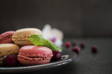 French dessert. Sweet pink macaroons or macarons with cranberry dark background