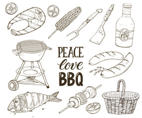 Hand drawn barbecue objects isolated on white background. BBQ sketches. Peace, love, BBQ. Outdoor grill, roasted salmon, sausages and corn with sause and picnic basket.