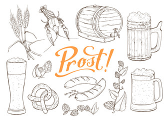Beer vector sketch isolated on white background. Hand drawn design elements related to beer and Bavaria. Mugs, barrel, pretzel and sausages.