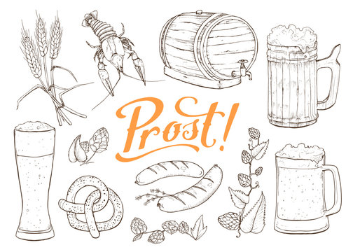 Beer vector sketch isolated on white background. Hand drawn design elements related to beer and Bavaria. Mugs, barrel, pretzel and sausages.