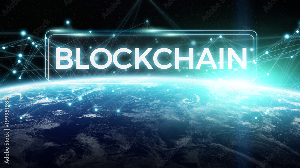Poster Blockchain on planet Earth 3D rendering
