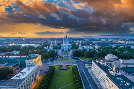 Morning in Petersburg. Museums of Russia. Panorama of St. Petersburg. Petersburg from the heights. Smolny Cathedral. Panorama of Russian cities. Architecture of Petersburg.