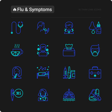 Flu and symptoms thin line icons set: temperature, chills, heat, runny nose, doctor with stethoscope, nasal drops, cough, phlegm in the lungs. Modern vector illustration for black theme.