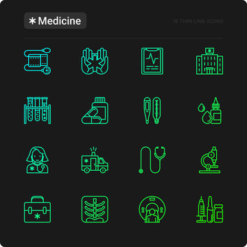 Medicine thin line icons set: doctor, ambulance, stethoscope, microscope, thermometer, hospital, z-ray image, MRI scanner, tonometer. Vector illustration for black theme.