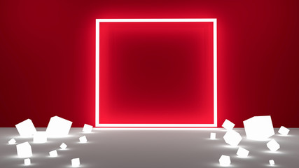 Light frame and cubes on red background. 3D rendering.