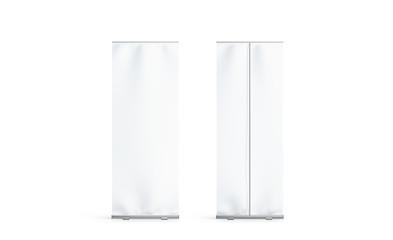 Blank white roll-up banner front and back side view display mockup, isolated, 3d rendering. Clear...