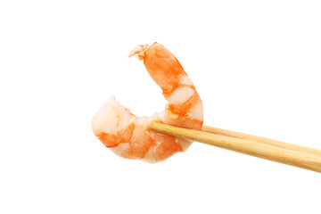 Peeled prawn in chopsticks