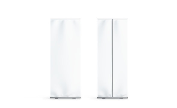 Blank white roll-up banner front and back side view display mockup, isolated, 3d rendering. Clear rollup baner design mock up. Empty roller sign board template stand.