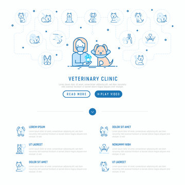 Veterinary clinic concept: doctor and dog in protective collar. Thin line icons: injection, cardiology, cleaning of ears, teeth, shearing claws, broken leg. Vector illustration, web page template.