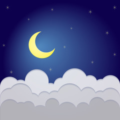 Naklejka na ściany i meble Half moon and stars with clouds in midnight.