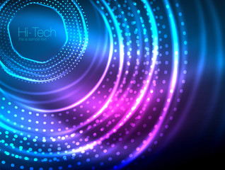 Magic neon circle shape abstract background, shiny light effect template for web banner, business or technology presentation background or elements, vector illustration