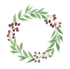 Fototapeta premium watercolor wreath with green twigs and dogrose berries, elegant gyrland illustration, plant frame for text, invitation of logo