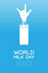 Milk splash I Love You hand sign language shape from glass, World Milk Day concept flat design illustration isolated on blue gradient background with copy space, vector eps 10