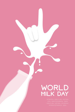 Milk splash I Love You hand sign language shape from bottle, World Milk Day concept flat design illustration isolated on pink background with copy space, vector eps 10