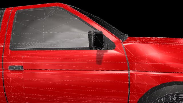 A three-dimensional model of a pickup truck in the form of a polygon mesh object with textur. The camera moves makes around.