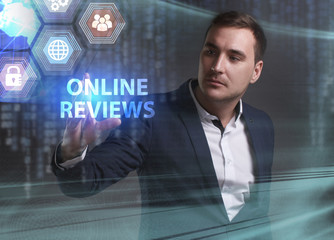 Business, Technology, Internet and network concept. Young businessman working on a virtual screen of the future and sees the inscription: Online reviews
