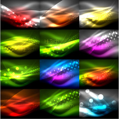 Collection of neon shiny light effects in darkness, abstract backgrounds