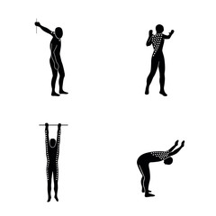 Stretching Exercise Icon Set to stretch arms, legs, back and neck. Vector silhouette. White background.