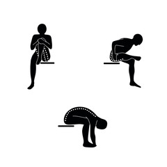 Stretching Exercise Icon Set to stretch arms, legs, back and neck. Vector silhouette. White background.