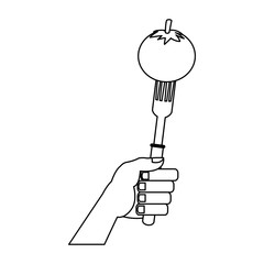 Apple on fork cartoon on black and white colors vector illustration