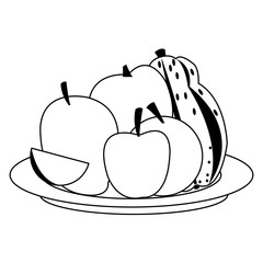 Fruits on dish healthy food cartoon on black and white colors vector illustration