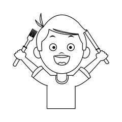 Cute boy holding cutlery cartoon on black and white colors vector illustration
