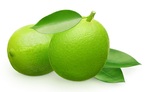 Whole fresh lime fruit next to lying and green leaves