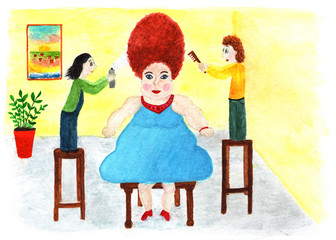 Beautiful woman in a hairdresser. Watercolor illustration. Two hairdressers make a fashionable hairstyle to a beautiful woman. Beauty and fashion.