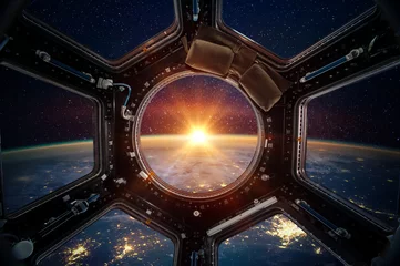 No drill roller blinds Universe Earth and galaxy in spaceship international space station window porthole. Elements of this image furnished by NASA