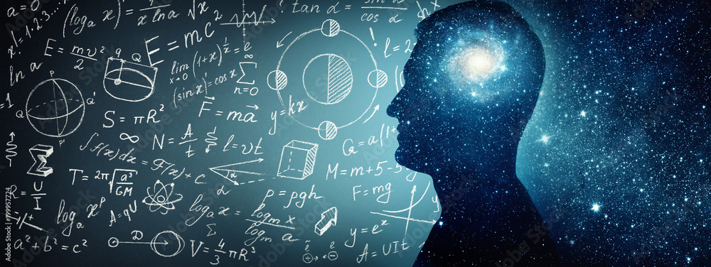 Wall mural silhouette of a man inside the universe, physical and mathematical formulas.. the concept on scienti
