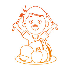 Cute boy eating fruits with cutlery on orange lines vector illustration