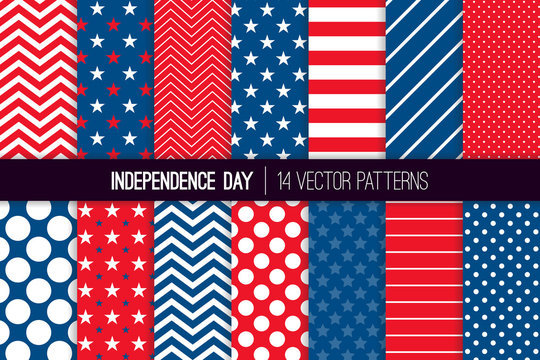 
Independence Day Vector Patterns in Red White Blue Stars, Stripes, Polka Dots and Chevron. American 4th of July Party Celebration Backgrounds. Repeating Pattern Tile Swatches Included.