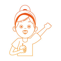 Beautiful little girl with apple healthy food cartoon on orange lines vector illustration