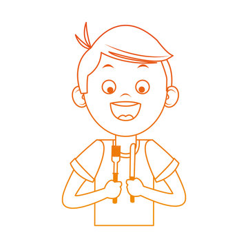 Cute boy holding cutlery cartoon on orange lines vector illustration