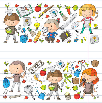 Children. School and kindergarten. Creativity and education. Music. Exploration. Science. Imagination. Play and study. Cooking. Singing. Reading. Different hobby and lessons. Vector illustration