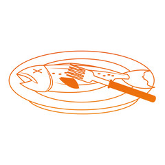 Fish on dish seafood on orange lines vector illustration