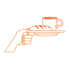 Hand holding breakfast dish on orange lines vector illustration