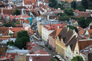 panorama starej części miasta tallin z kolorowymi kamienicami i czerwonymi dachami