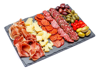Meat and cheese plate with salami sausage, chorizo, parma and parmesan cheese