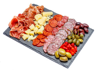 Meat and cheese plate with salami sausage, chorizo, parma and parmesan cheese
