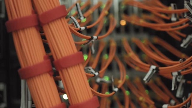 Rows of network cable connected to router and switch hub in server room