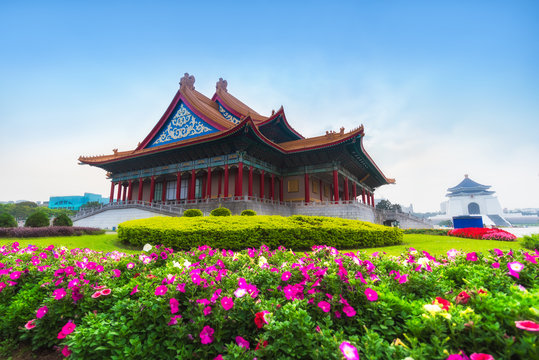.Chiang Kai-Shek Memorial Hall,  Landscape scenery view of Chiang Kai-shek Memorial Hall with flower garden in morning, the most famous tourist attraction in Taipei, Taiwan, 2018