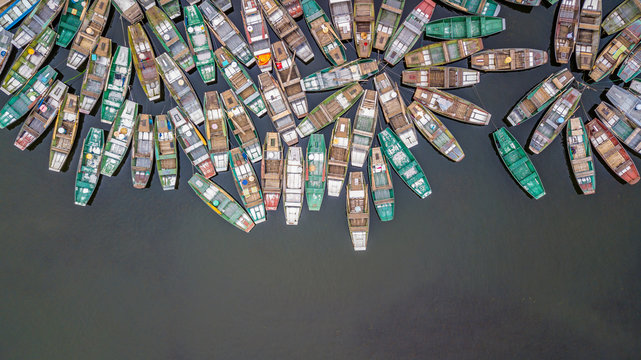 Aerial View Rowing Boat Waiting For Passenger At Tam Coc, Tourists Traveling  Boat, Tam Coc, Ninh Binh, Vietnam.