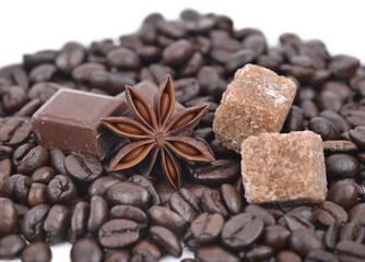 anise star, chocolate and sugar in coffee beans 