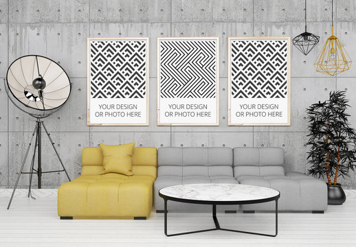 3 Vertical Posters Above Living Room Sofa Mockup