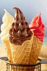 Close up view of ice cream in crunchy wafer cones