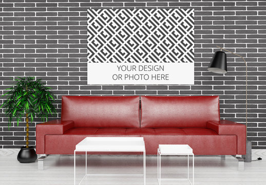 Horizontal Poster Above Living Room Sofa Mockup