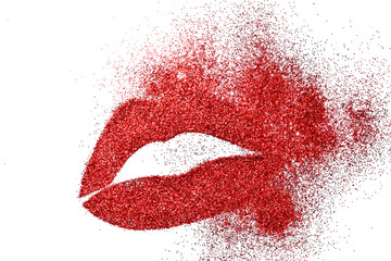 Explosion high intense red pigment glitter shiny glossy lip woman fading on white background creative concept