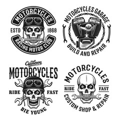 Motorcycles set vector emblems, labels or badges