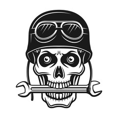 Biker skull in helmet and wrench in mouth